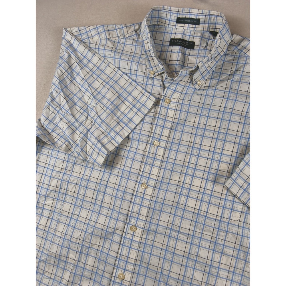 Lyle & Scott Scotland Men's XL Button Down Short Sleeve Shirt White Blue Checked